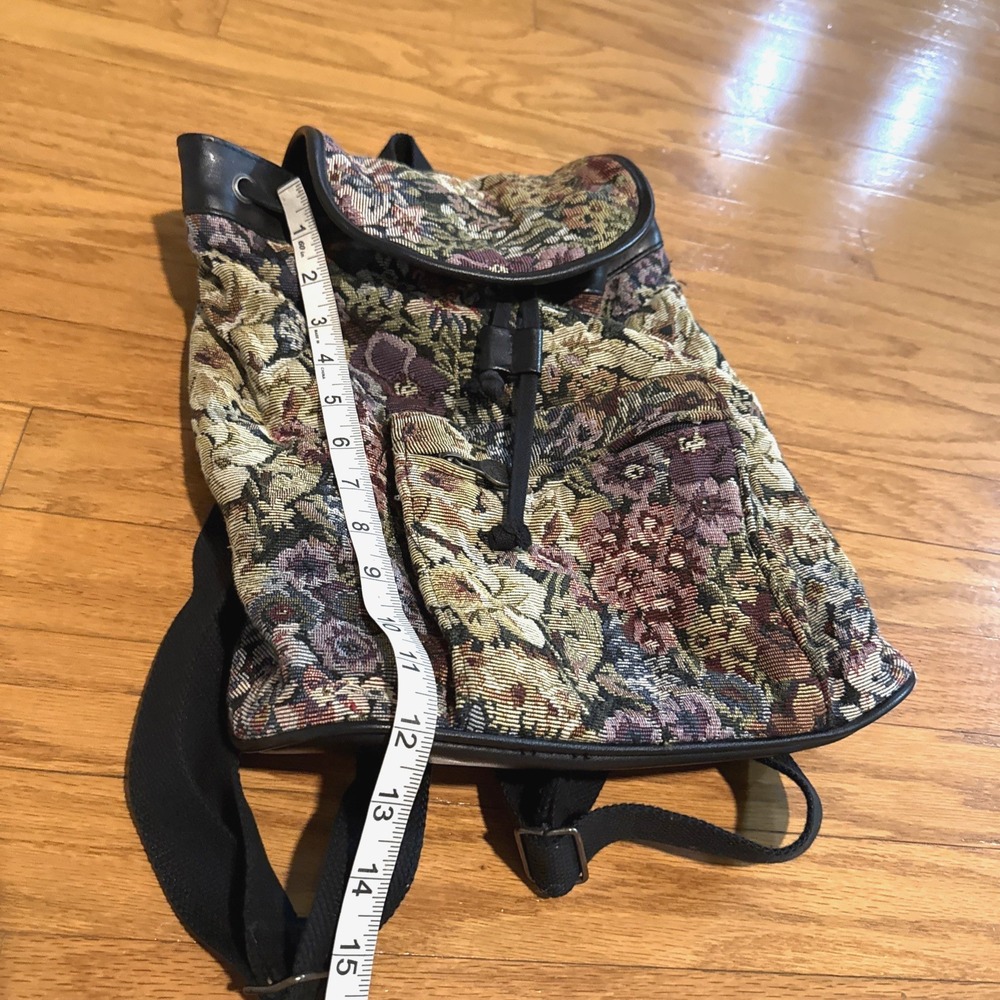 VTG 80s/90s New York Studios Floral Tapestry Backpack Black Leather Trim 10x12x5 - Picture 9 of 11